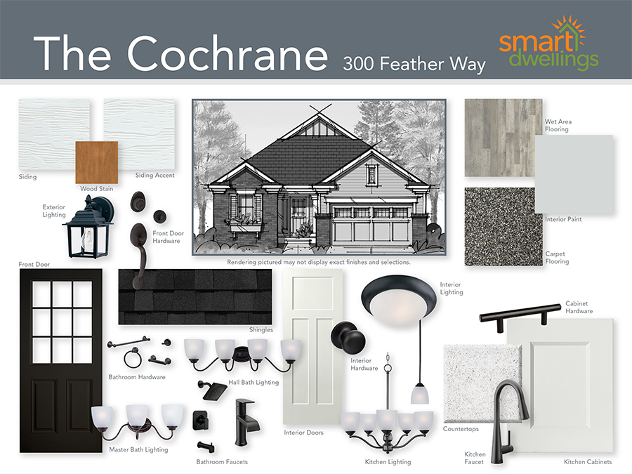 Design Board of 300 Feather Way featuring The Cochrane home rendering, black matte lighting, bathroom hardware, and doors. Carpet, siding, wood stain and flooring choices.
